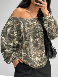 Women's Camo Asymmetrical Neck Off-Shoulder Pullover Sweater, Casual Slim-Fit Long Sleeve Top for Spring & Fall Fashion