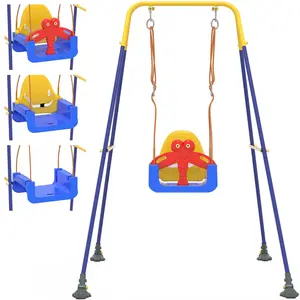 3-in-1 Toddler Swing Set, Baby Swing with Safety Belt, Indoor/Outdoor, Easy to Assemble Kids Swing Seat with Sturdy Metal Stand for Playground, Backyard and Nursery, Blue Yellow