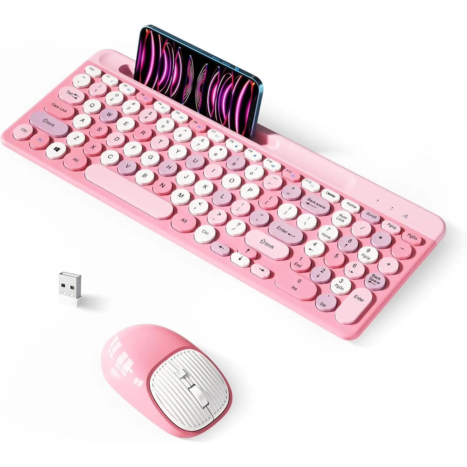 Keyboard and  Combo, Retro  Keyboard with Round Keycaps, 2.4GHz Full-Size USB Cute  Keyboard  for Computer, Desktop, Laptop and Computer (Pink-Colorful)