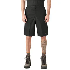 Dickies Men's Classic Loose Fit 13" Mid-Waist Belt-Compatible Long Work Shorts, Black Minimalist Plain Cotton-Polyester Fabric, Hook-and-Bar Closure, Belt Loops, Pockets, Style D42283BLK