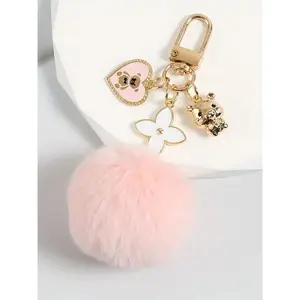 Aeropostale Keychain Set with Heart & Teddy Bear Charms Soft Faux Fur Pom Pom Sturdy Metallic Clasp for Backpacks Key Storage Practical Accessory