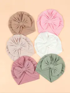 Plain Bow Decor Ruched Baby Hat, Soft Comfortable Hat for Newborn Infant Babies, Baby Accessories for Daily Wear, Bonnet, Baby Bonnets, Knit Hat