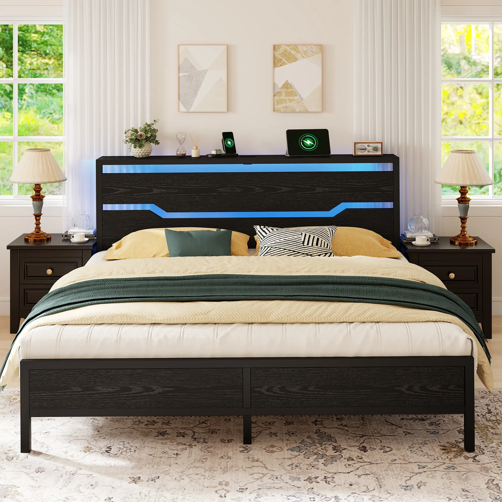 Raybee Industrial Bed Frame for Full, Queen, King, Modern LED Bed Frame with USB Ports & Storage Shelf On Headboard, Fit 8-12 Mattress, Holds 900LBS with Metal Slats,  Platform Bedframes with Underbed Spaces, No Box Spring Needed, Black, Rustic Brown