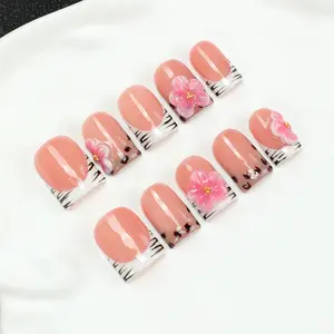 Y2Y style, fashionable zebra leopard print pressed in nails, 3D pink flower decoration, nude French square nails | Reusable, easy to apply, must-have for spring and summer, glossy salon grade women's fake nails, including nail tools