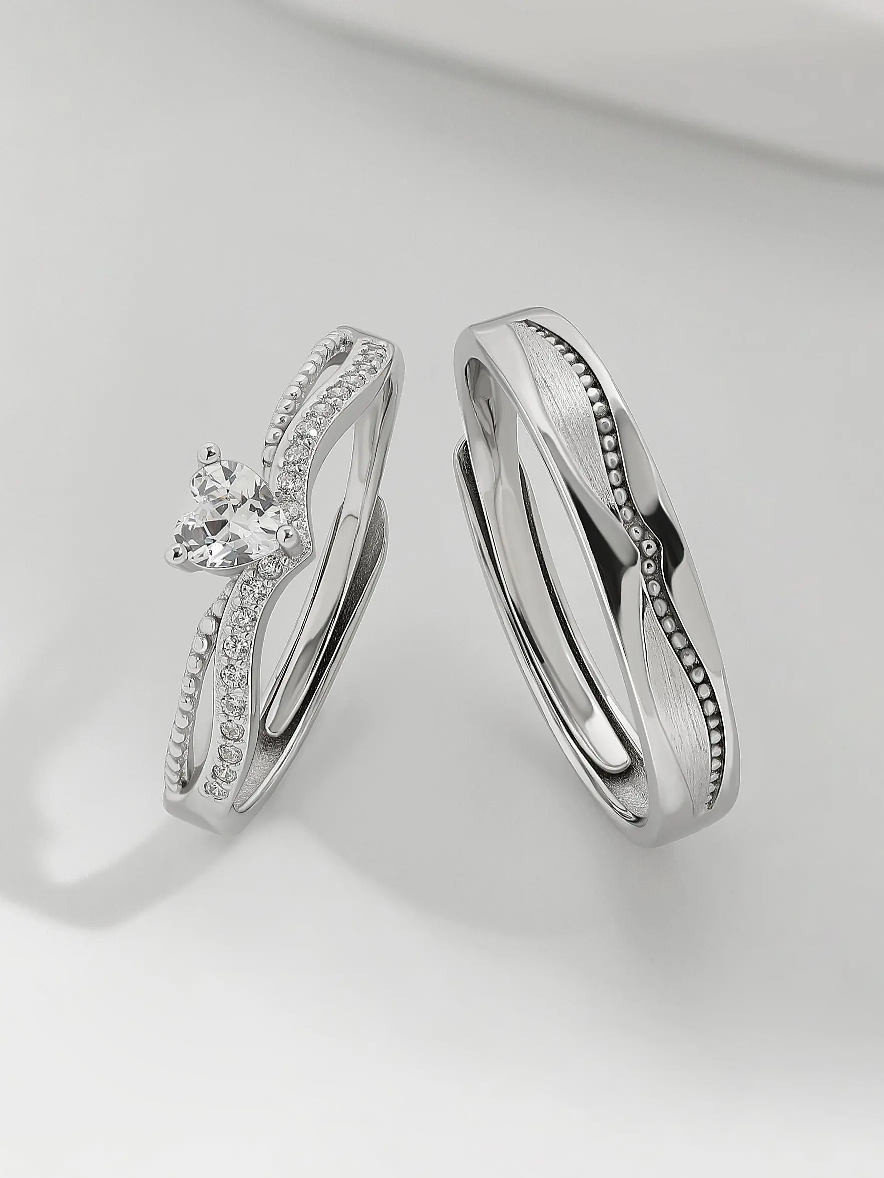 MEISSA Timeless Love Couples' Rings S925 Sterling Silver Mens Womens Matching Heart Diamond Wedding Band Size Adjustable Personalized Gift Engrave Promise Ring Minimalist Stackable Perfect Gift Women Wedding Bands for Women Engagement  Christmas Gifts
