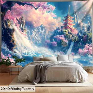 1pc Extra Large Asian Landscape Tapestry - HD Wall Hanging with Pagoda, Cherry Blossoms & Waterfalls, Wrinkle-Resistant Polyester Fabric for Living Room, Bedroom, Office, Dorm Decor - Pastel Pink/Purple/Purple Sky Design, Free Hanging Clips Included - Bir