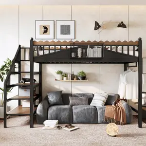 【Bellemave】（2 packages）Twin XL/Full/ Queen Size Loft Bed with Storage Stairs, Metal Loft Beds Frame with Storage Shelves and bookshelf, Loft Bed for Bedroom, Guest, Dorms, Black