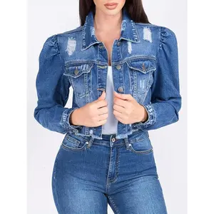 Women's Chic Blue Denim Jacket with Puff Sleeves - Casual Distressed Crop Top, Rayon & Polyester Blend, Machine Washable, Perfect for Spring/Fall