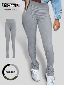 Women's Solid Ruched High Waist Skinny Pants, Casual Street Comfy Stack Trousers for Everyday Wear, Pants for Women, Ladies Bottoms for All Seasons