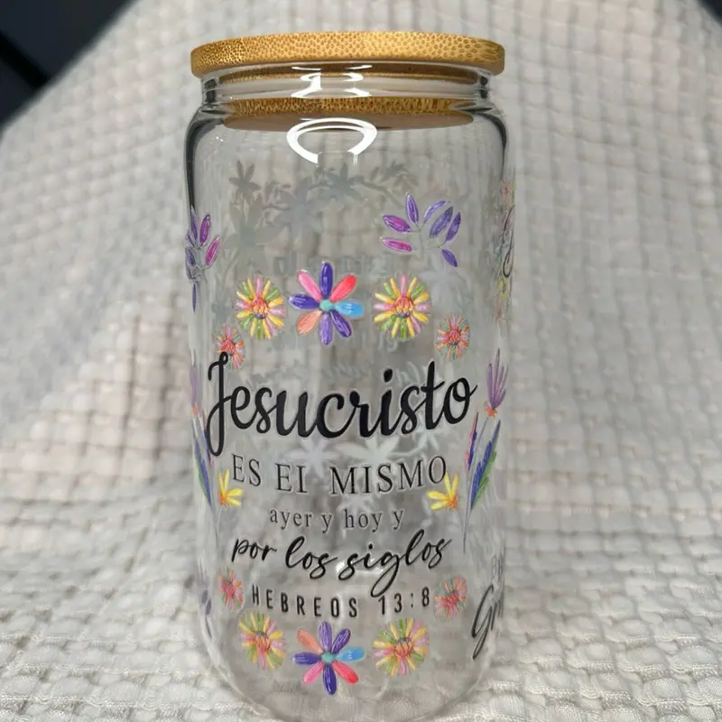 Jesus Christ Spanish Glass Cup with Colorful Floral Design and Inspirational Hebrews 13:8 Quote