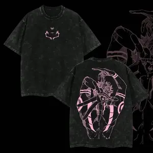 Men's Oversized Classic Retro Limited Ryomen Sukuna Signature Jujutsu Kaisen Double-Printed Round Neck Streetwear T-Shirt - Washed Ribbed Seamless Shortsleeve Soft Cotton Top, Premium Fabric Apparel for Anime Fans, Summer Menswear