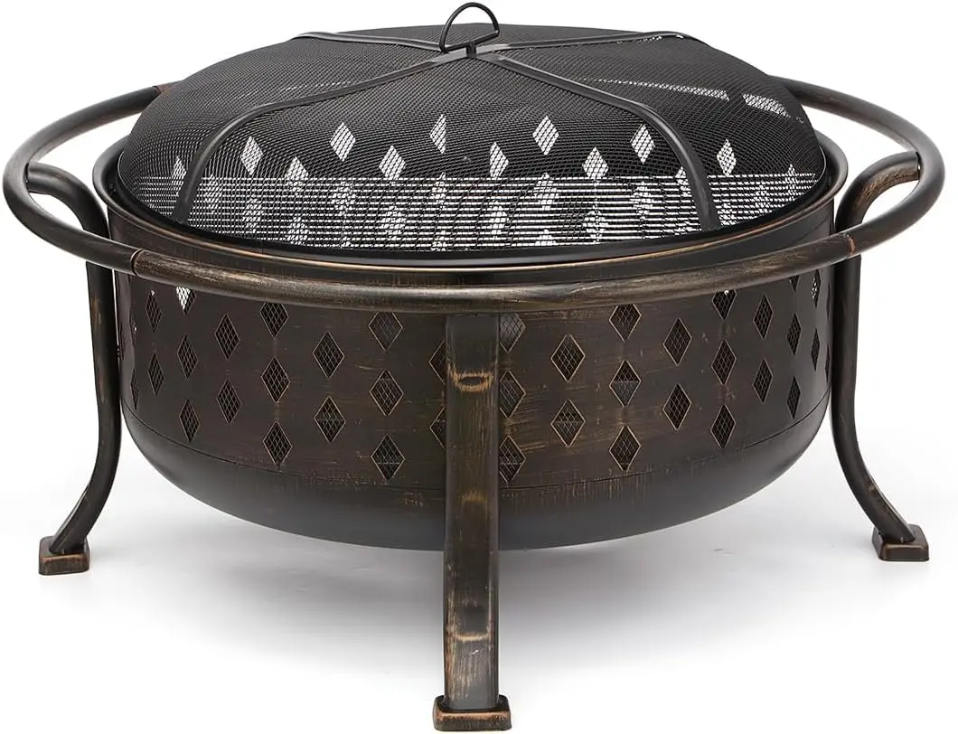 36-Inch Modern 2 in 1 Heavy-Duty Steel Fire Pit Set, Freestanding Anti-Rust Metal Firepit Stove with BBQ Grate for Easy to BBQ, Diamond-Shaped Vents, Superior Circular Airflow, 20in Fire Poker, Accommodates 90lbs Wood for Patio Backyard