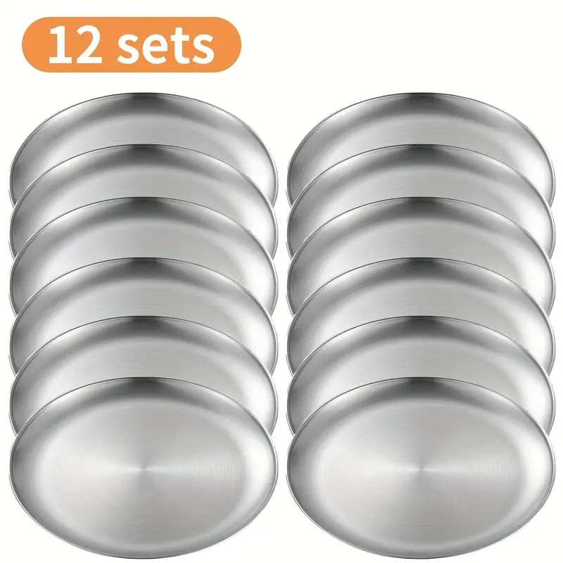 12pcs Korean Style Stainless Steel BBQ Plates, Durable Dishwasher Safe Dessert Dishes, Perfect for Kitchen Camping Dining, Outdoor Cooking Supplies, Outdoor Kitchen Supplies