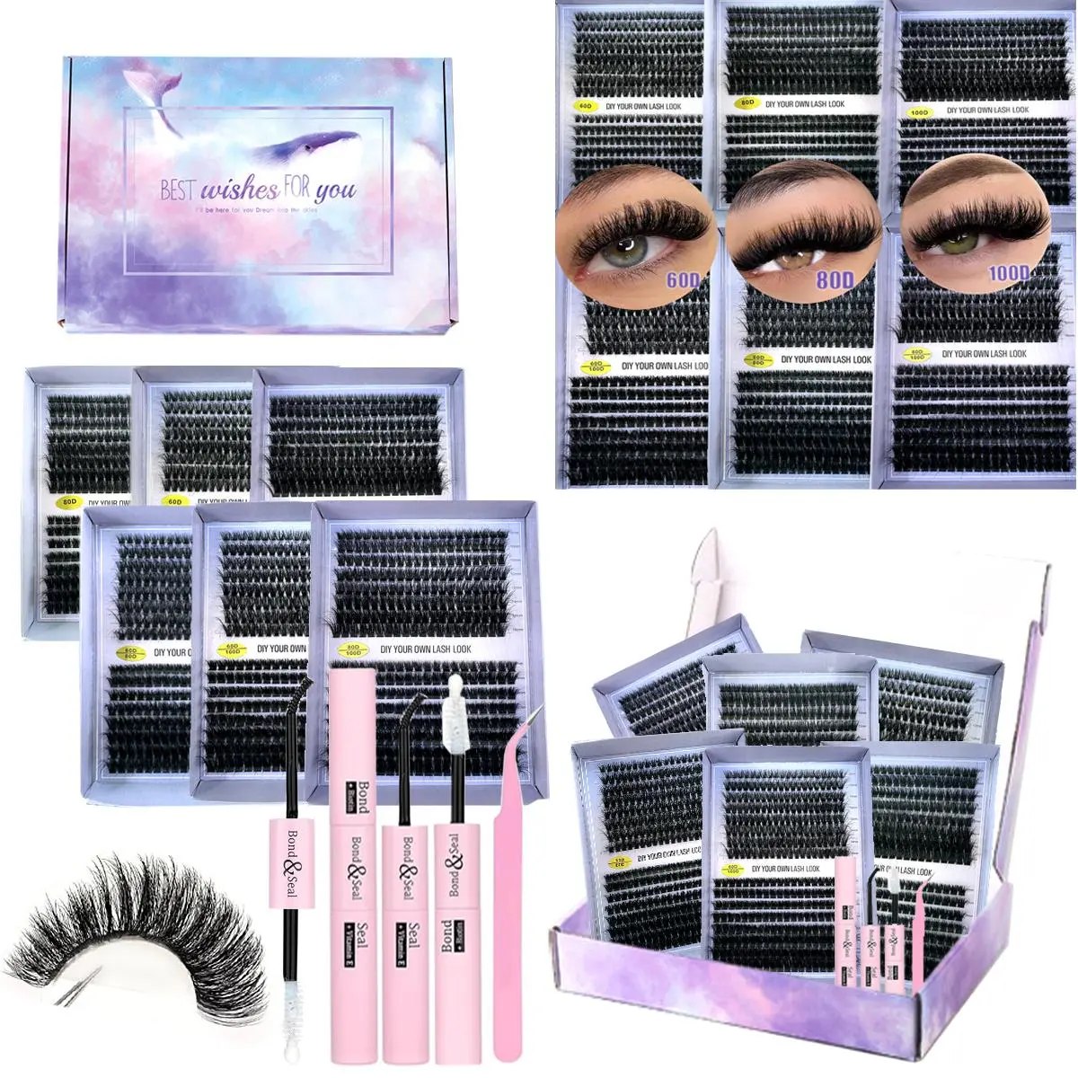 Mixed Length Voluminous False Eyelashes Kit, 8 Counts/box Fluffy Curling Volumized Fake Eyelashes with Eyelash Glue & Tweezers, Professional Eye Makeup Accessories for Women, Cosmetic, Diy Eyelash Extensions, Volume Fluffy Lashes
