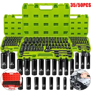 35/50-Piece 3/8" Drive Socket Set, SAE (5/16"-3/4") & Metric (8mm-22mm), Deep & Shallow, 72-Tooth Ratchet Wrench, Extension Bars, 1/2" F to 3/8" M Reducer, Universal Joint & Power Drill Adapter