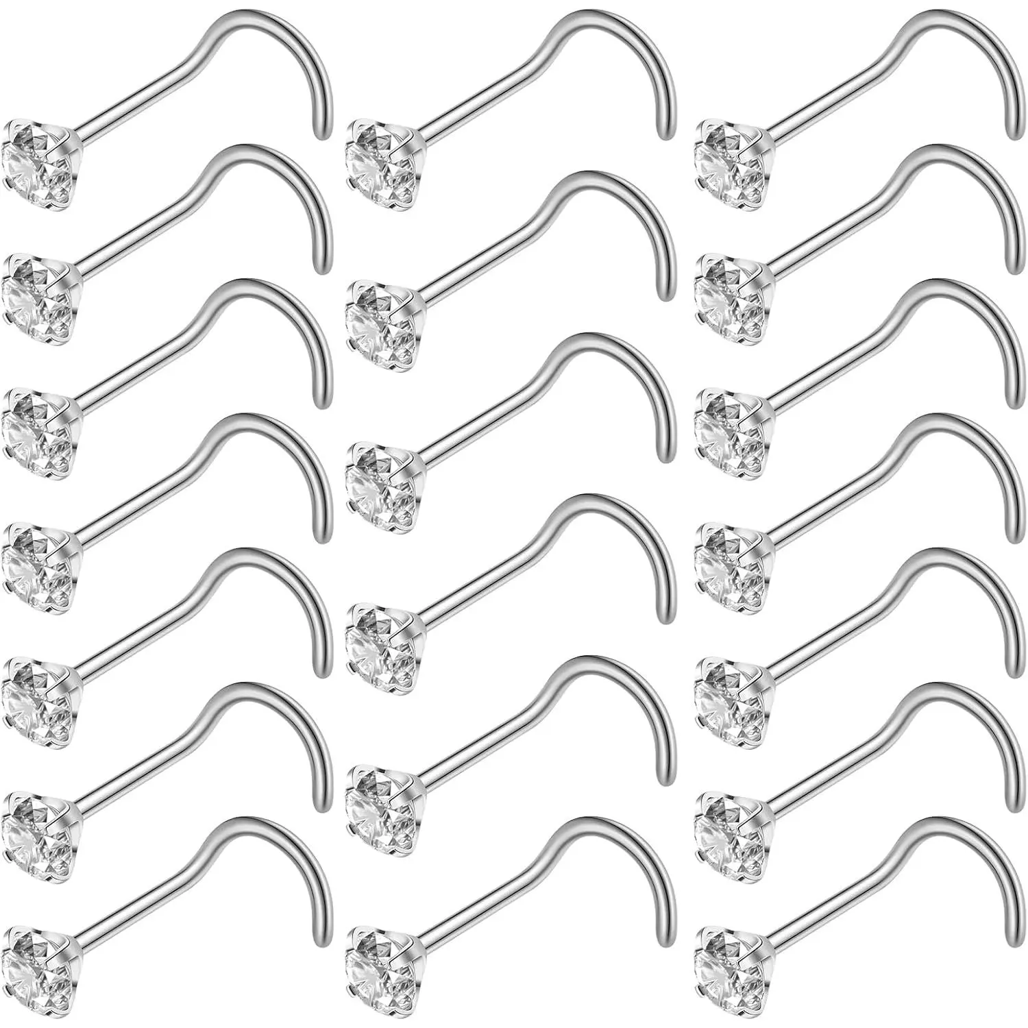 Hypoallergenic Cubic Zirconia Titanium Steel Nose Studs - 20 Pcs L-Shaped, 3 mm Sparkling Casual Body Jewelry for Female Male, Lightweight Modern Daily Wear Accessories, Nose Piercing
