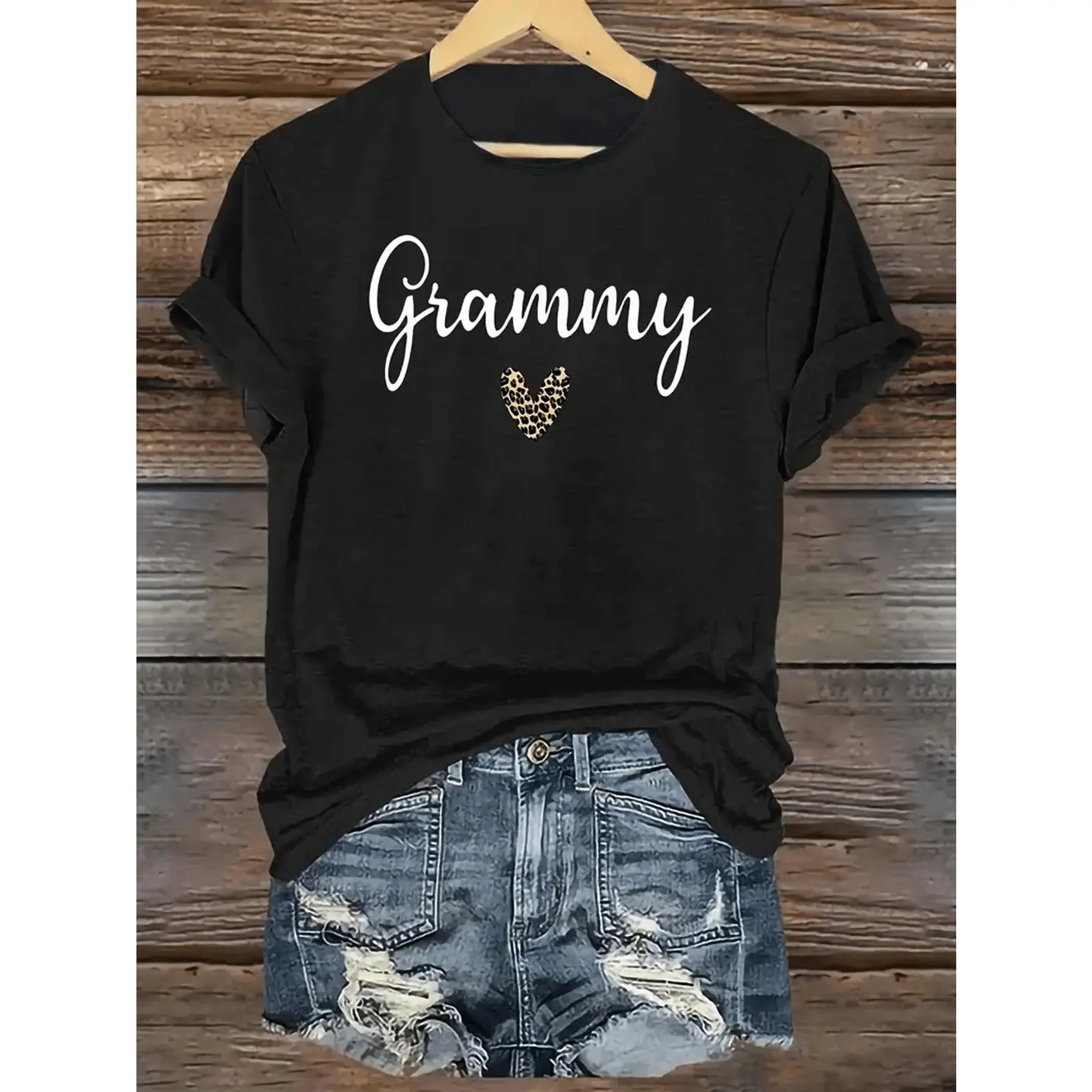 Women's T - Shirt: Celebrate Grandmotherhood with 'Grammy' on This Heart - Felt Tee, Featuring a Stylish Leopard - Print Heart