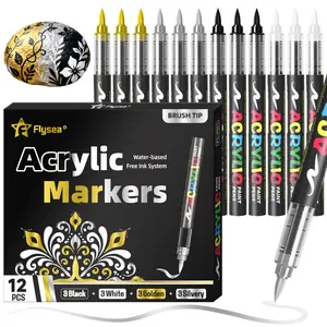 12 Pcs Paint Pens Acrylic Markers - Black, White, Gold, Silver,Soft Brush Tip Water Based Marker Pens for Rock Painting, Wood, Ceramic, Glass, Acrylic Paint Markers for Egg Pumpkin