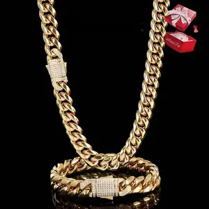 Set 2Pcs 18K Gold Vacuum Plated with 5A+ Sri Lanka Zircon Stainless Steel Chain & Copper Ear Clasp Miami Cuban Link Chain Italy Mexico & Micro Inspired Unisex Hip Hop 14mm Necklace&Bracelet for Men & Women Jewelry,Daily Wear,Casual Fashion,Gift,Chicano