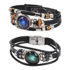 2Pcs Multilayer Constellation Zodiac Leather Bracelet Handmade Woven Zodiac Sign Wrap Bracelet Wristband for Women Men Jewelry Birthday Gift