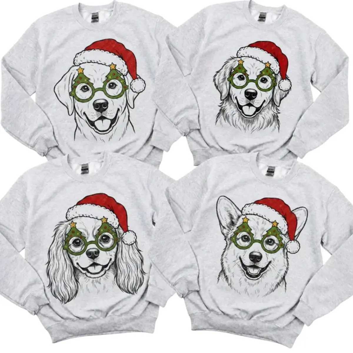Custom 30+ Dog Breeds Christmas Sweatshirt - Pet Portrait Wearing Santa Hat And Christmas Tree Glasses Graphic , Multiple Dog Options For Women And Men , Festive Winter Holiday Shirt , Xmas Party Outfit , Christmas Gift For Dog Moms Dads And Pet Lovers