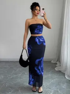 Women's Floral Half Skirt Set, Classic Sets, Mesh Print Sleeveless Tube Top & Pleated Skirt, Casual Fashion, Spring & Fall Wear, Womenswear, Matching Clothing Set