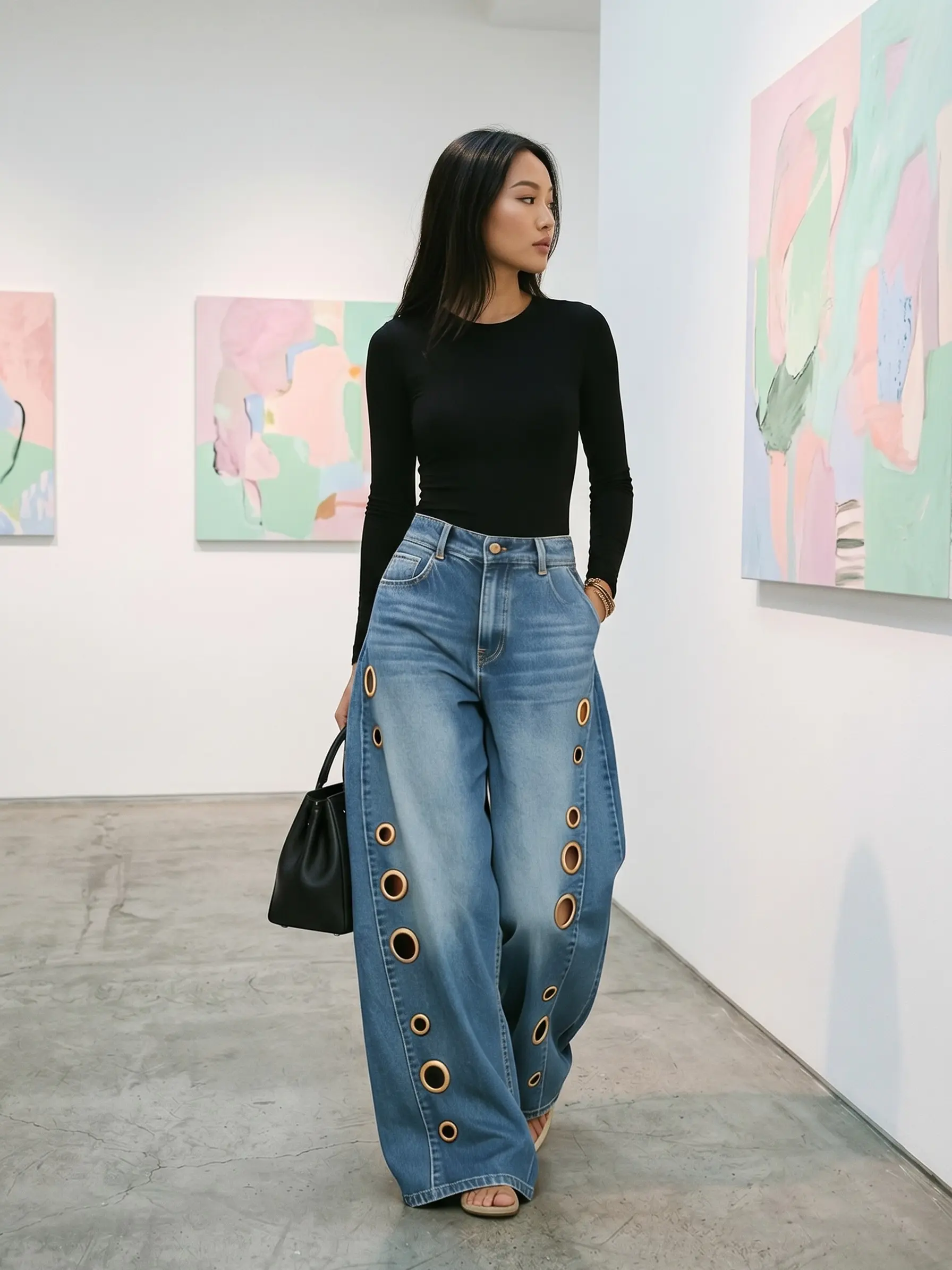 Women's High-Waisted Wide-Leg Denim Jeans - Streetwear Fashion Chic Baggy Bottoms with Soft Fabric, Decorative Eyelet Cutouts, Retro Fit, Casual Outdoor Jeans for Women, Loose, Button, Bell Bottoms Jeans, Early 2000S Aesthetic, Baggy Wide Leg Jeans