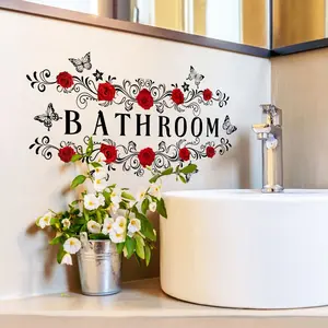 A piece of (15*30cm) English BATHROOM rose vine butterfly wall stickers, used for beautifying home, living room, entrance, corridor, bedroom decoration background wall stickers, Decorative Wall Sticker, self-adhesive MS9030