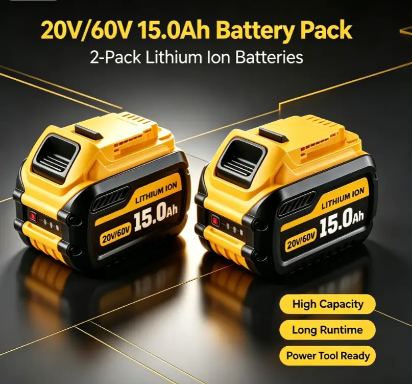 2-Pack 15000mAh DCB606 Cordless Tool Batteries, 20V/60V Max Lithium-Ion Dewalt Replacement with 21700 High-Power Cells, Batteries Only, Sustained Output, Compatible with DCB609, DCB612 & Dewalt 20V/60V Power Tools  Powertool