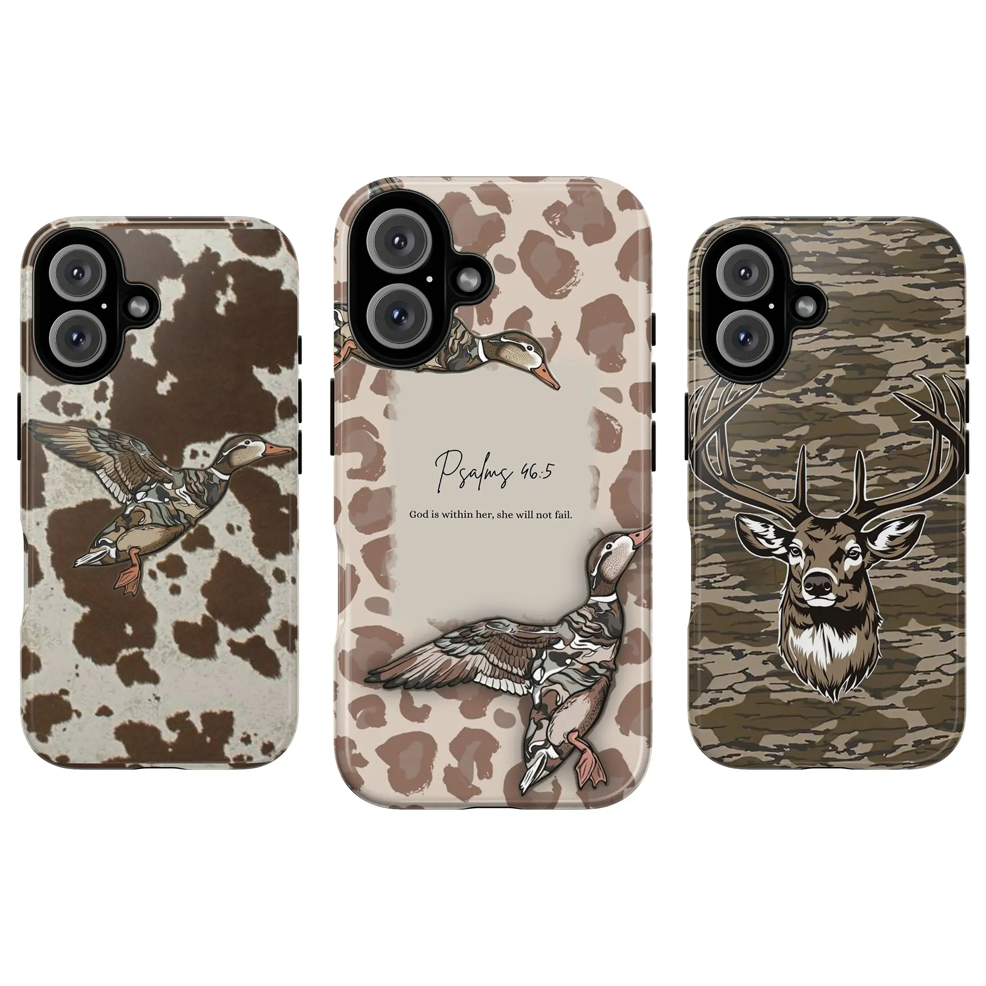 Duck & Deer Animal Print Beige Cowhide PC + TPU Hard Shell Phone Case Set - Faith-Inspired Rustic Outdoor Design, Flying Duck, Deer Antler Motifs, Smartphone Camera Protection - Multi-Model Fit for iPhone 17-12 Pro Max Plus X, Galaxy S25-S21 Ultra Devices