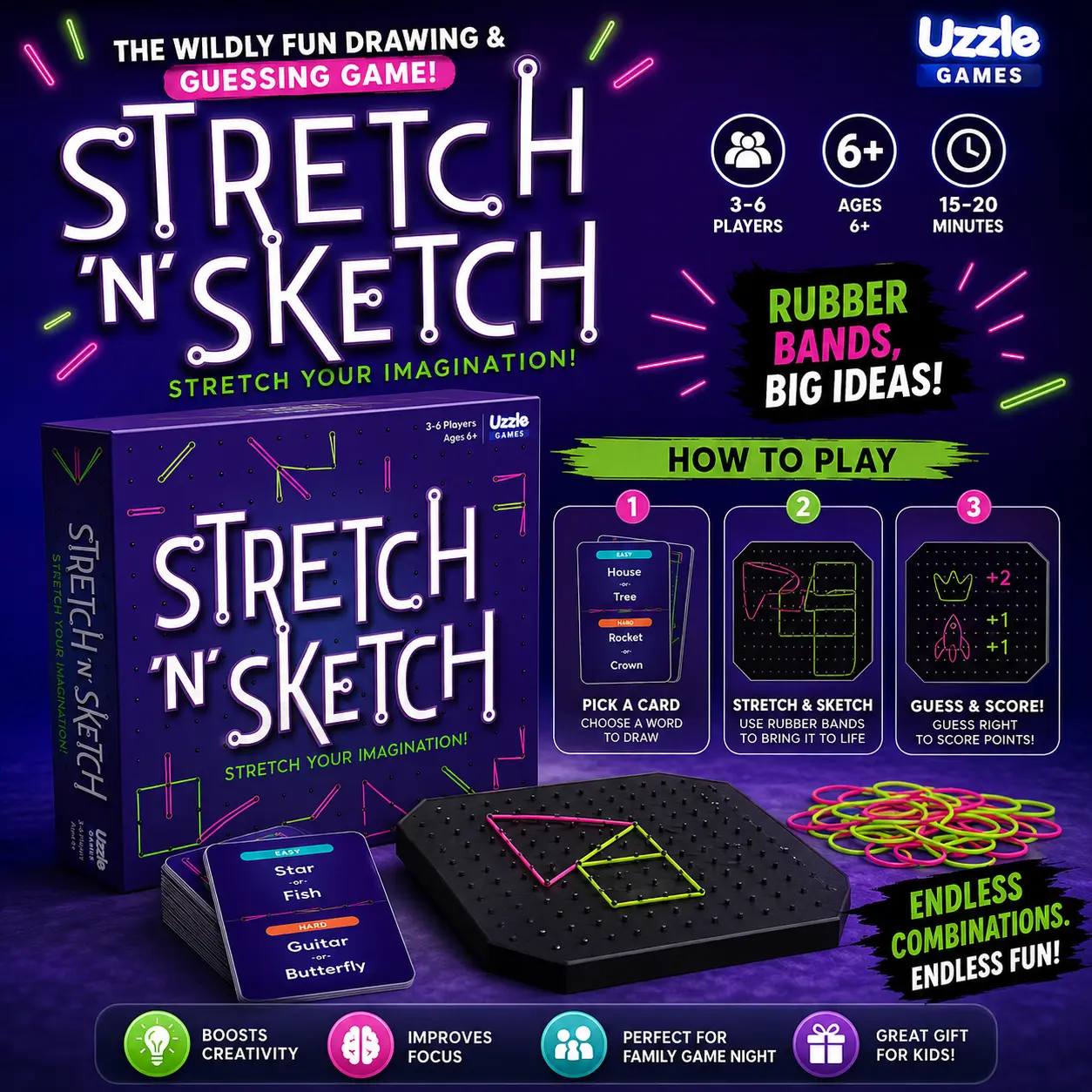 Uzzle Games Stretch N Sketch – Fast Creative Drawing & Guessing Board Game for Kids & Family | Ages 6+ | 15–20 Min Rubber Band Sketch Game