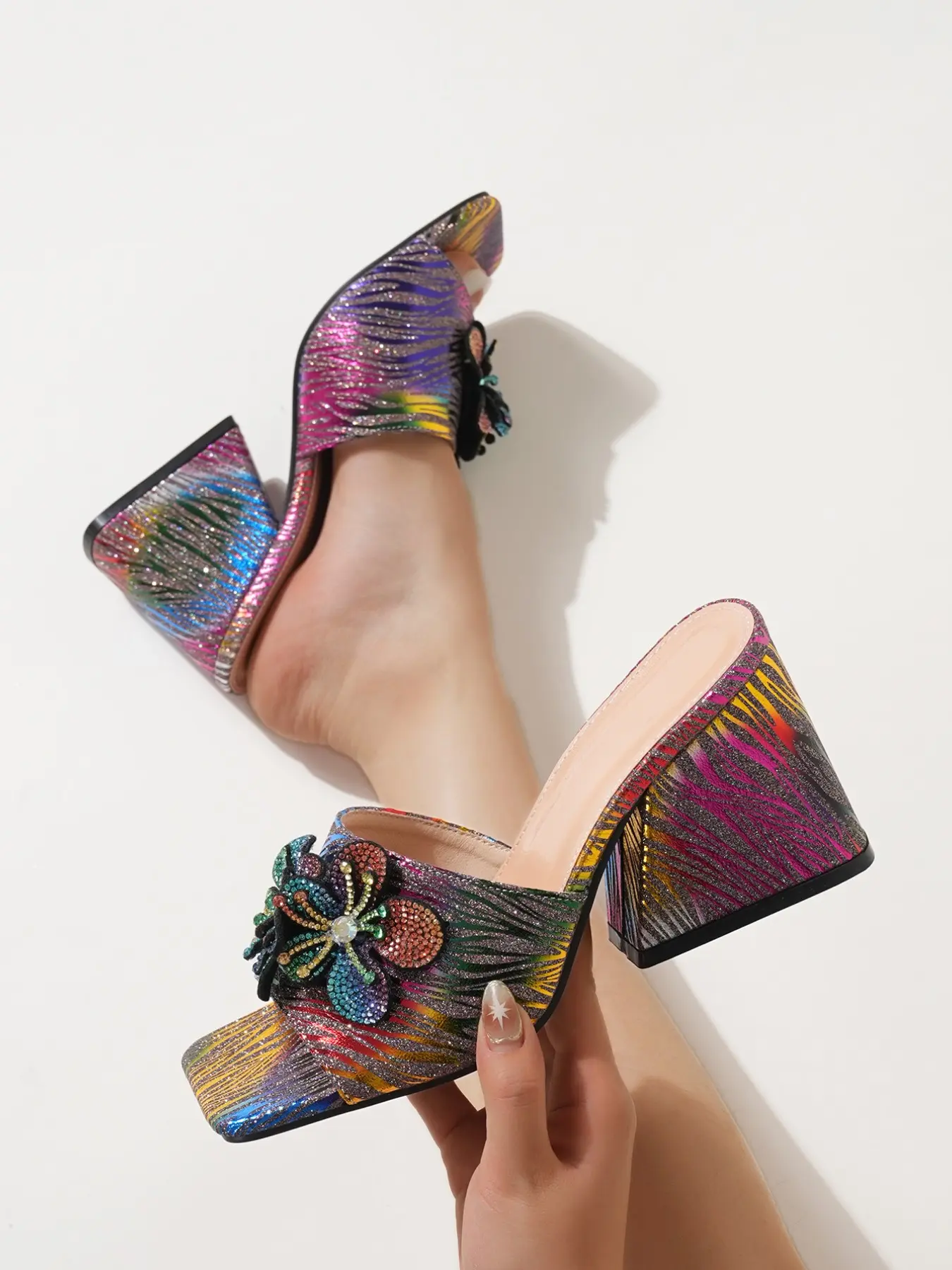 Women's Summer Shiny High Heel Slide Sandals, Party Banquet Elegant Fashion Dressy, Square Open Toe 3D Rhinestone Flower Iridescent Striped Chunky Block Heel Slip-On Outdoor Dress Mules