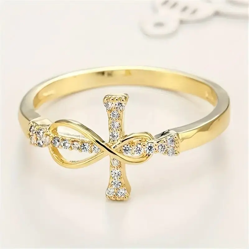 Cross Ornate Ring for Women with Pave Infinity Design, Silver-tone Lightweight Girl Aesthetic Rings for Stacking, Prom, Ring Stack