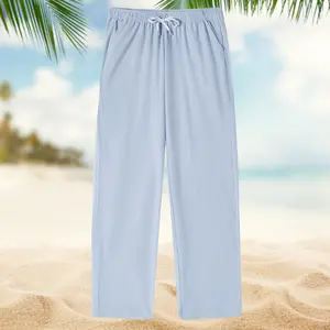 Men's Lightweight Stretch Casual Textured Straight-Leg Pants, Drawstring Waist Loose Sleep Trousers, Polyester-Spandex Blend Loungewear for Daily & Bedtime Wear