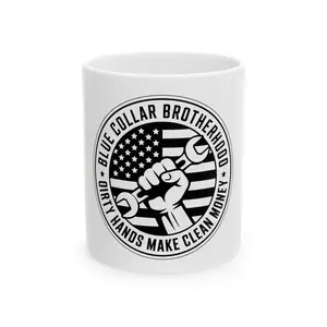 Blue Collar Brotherhood wrench fist American flag Mug | Ceramic coffee cup