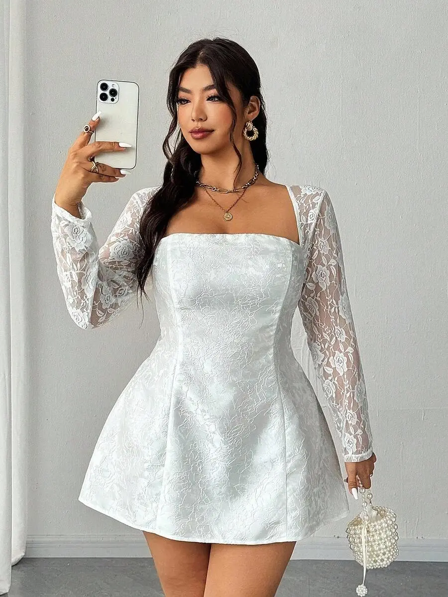ELIEEN Plus size Women's Elegant Summer White Mini Dress,Rose Texture Fabric,Lace Splicing,A-Line Silky Silhouette,Perfect For Valentine's Day Or Wedding Guest Fall