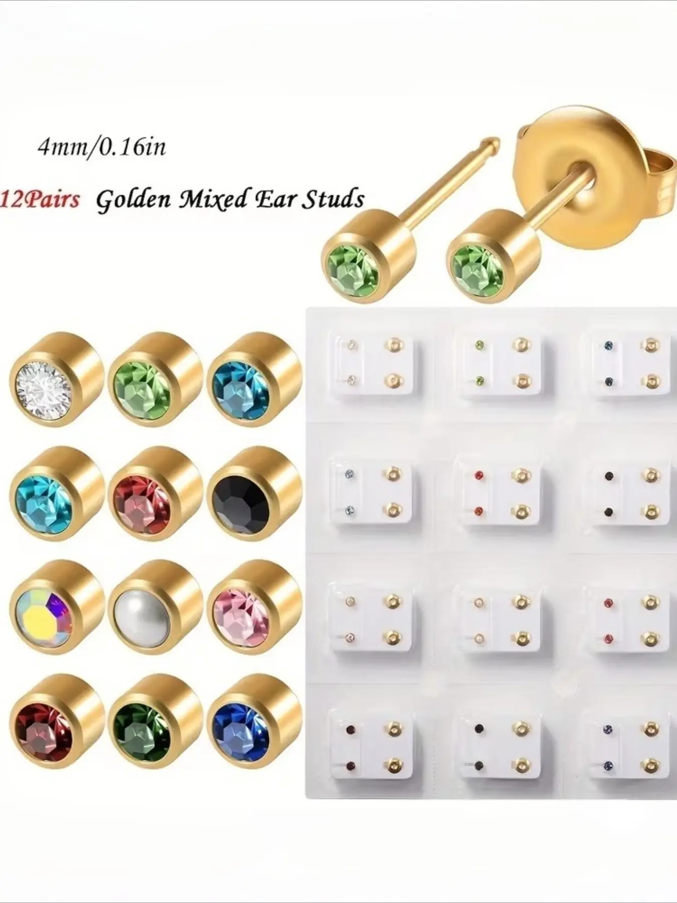 [12 Pairs | Rhinestone] 12 Pairs 4Mm Rhinestone Stud Earrings | Randomly Mixed Color Set Earring Pack Stack Stackable Earrings Ear Studs