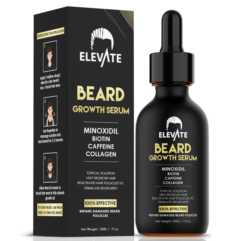 Elevate Beard Growth Oil 5% Minoxidil Hair Growth Serum Biotin & Caffeine - Stronger Thicker Fuller Beard Natural Gentle Comfort Treatment Haircare