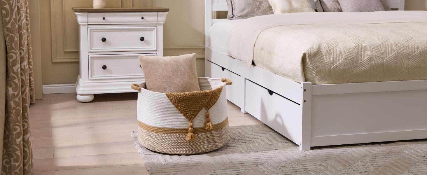 Woven cotton rope large storage basket, 20 in x 13 in, 85L, decorative nursery basket for room organization, suitable for pillows, blankets, and doll storage.