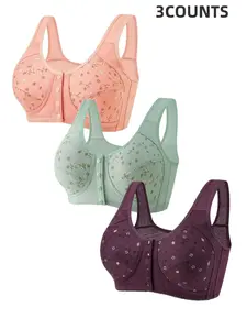 3-Pack Floral Wireless Bras, Comfortable & Breathable, Push-Up Without Underwire, Easy Front Buckle Design, All-Season Elegant Lined Set, Breathable Comfy Bra