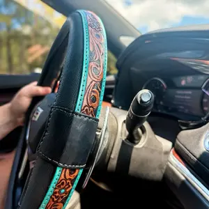 Tooled Leather Western Steering Wheel Cover – Black & Turquoise Floral – 15 Inch Universal Fit