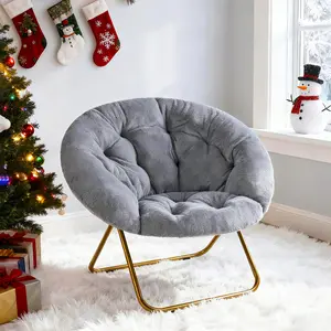 Large Faux Fur Saucer Chair - Foldable Lounge Chair for Adults with Plush White Finish & Sturdy Metal Frame, 226 lbs Capacity, Space-Saving Round Accent Chair for Bedroom & Living Room