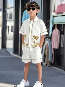 Boys' Summer Luxury Shirt and Shorts Set, Elegant Gold Foil Print Design, Casual Fitted Suit, All over Print, No Button or Zipper, Summer Clothing Set