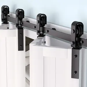 Heavy Duty Bi-Folding Sliding Barn Door Hardware Kit – Smooth & Quiet Operation – Easy Install – Fits 2 or 4 Bi-Fold Doors (12''-17'' Wide) – Side or Slide Mounted Roller – For Closet, Bedroom, Laundry, Farmhouse, Bathroom – Hardware Only