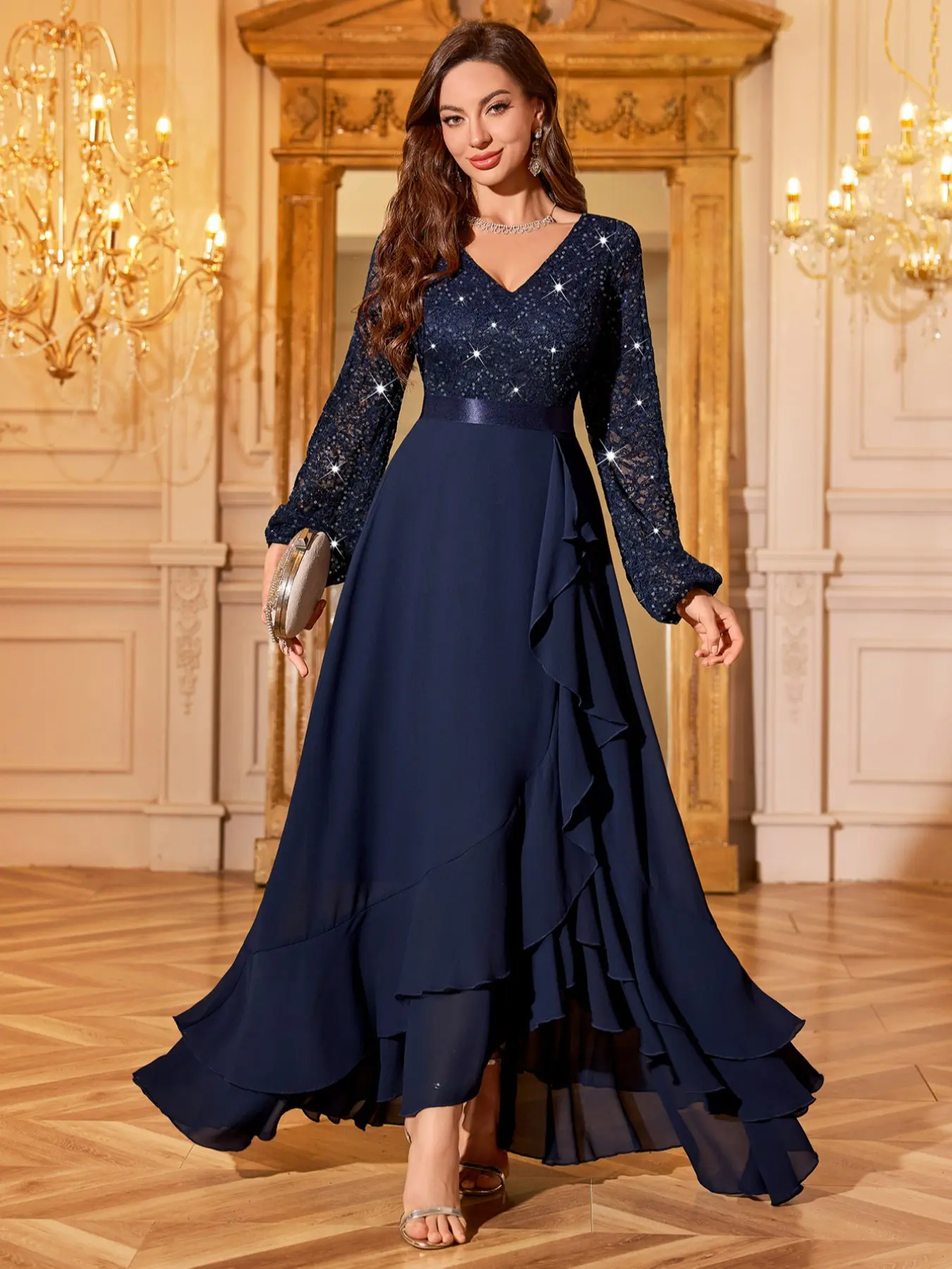 MIUSOL 34017A Sequin Glitter Floral Lace Chiffon Long Sleeve V-Neck Lantern Sleeve Ruffle Hem Formal Wear Party Maxi Dress, Elegant Classy Chic Party Dress For Women, Formal Evening Gown, Prom Dress, For Wedding Guest, Graduation, Dinner, Birthday