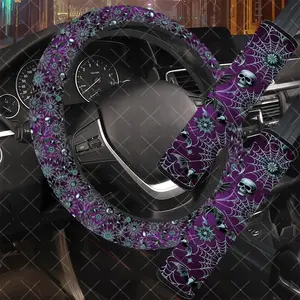 3Pcs/Set Skull & Bat Car Interior Set, Mystic Style, Includes Steering Wheel Cover, Car Seat Belt Cover, No Inner Ring, Vehicle Interior Upgrade, Durable Material, Multi-Part Set, For Women, Car Enthusiasts, Gift For Drivers.11.27QWA-449@450