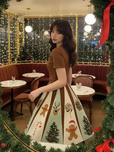 RETRO STAGE Women's 1950s Brown Christmas Gingerbread Short-Sleeve Knee-Length Swing Dress, 93% Polyester 7% Spandex, Concealed Back Zipper, Casual Wear Clothes