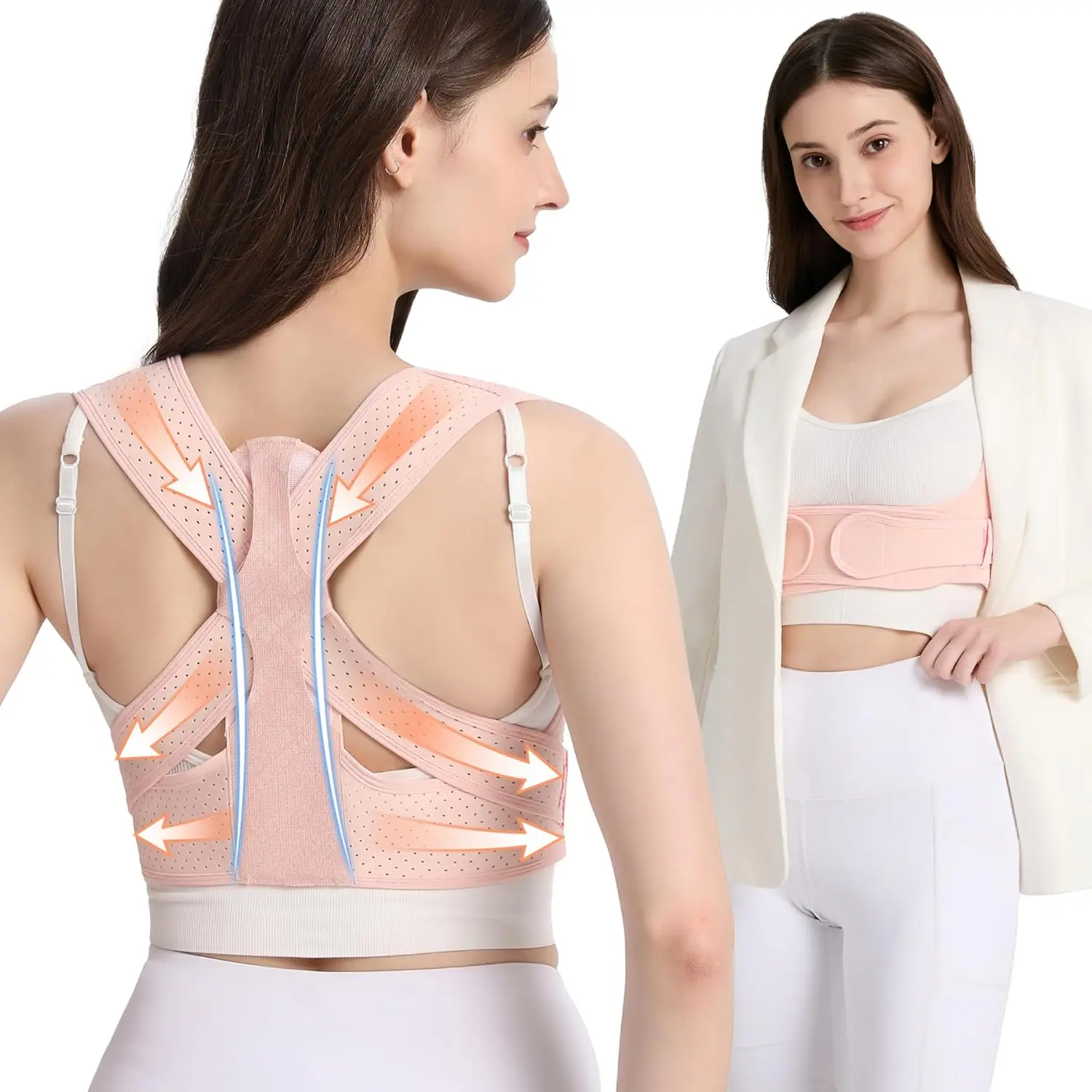 WNIEYO Women's Soft Stretchy Fabric Corrective Brace, Back/Shoulder Posture Corrector for Upper/Lower Back Pain Relief & Scoliosis Support (Pink, Small/Medium, Prop 65 Safe)