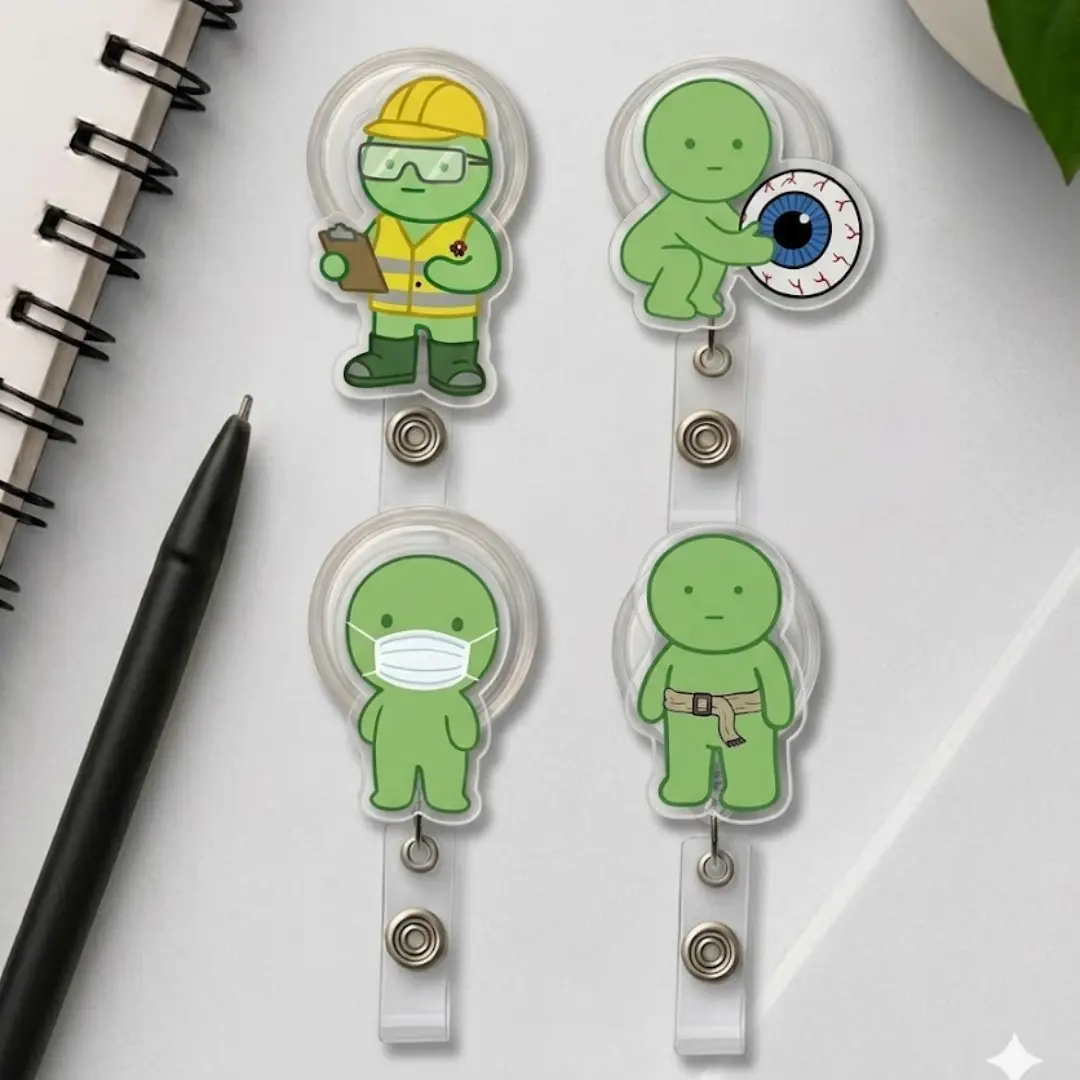 Green Guy Smiskii Expression Acrylic Badge Reel Durable Retractable ID Name Tag Clip For Physical Therapist Optometrist Engineer Gear