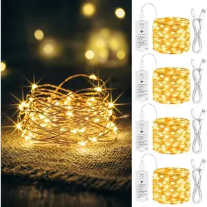 4 Pack Fairy Lights Rechargeable with Timer, 16FT 50 LED Battery Operated String Lights Indoor, Cuttable Starry Mini Twinkle Lights for Christmas Decor, Bedroom, Wreath, Garland (Warm W